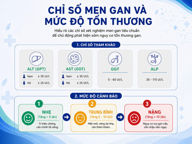 Bảng đối chiếu chỉ số men gan AST, ALT, GGT, ALP và các mức độ cảnh báo tổn thương.