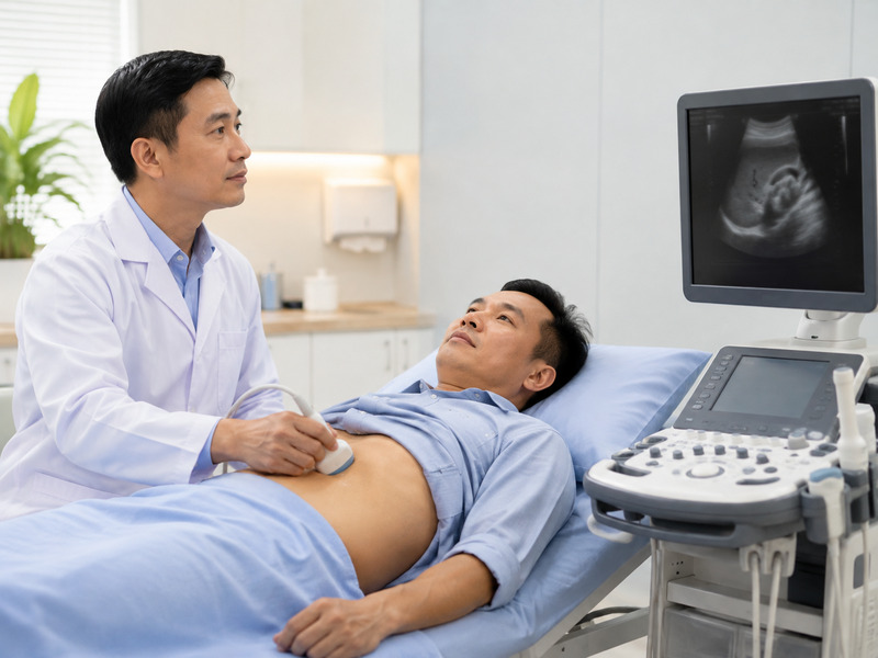 Bác sĩ thực hiện siêu âm gan đánh giá bệnh nhân