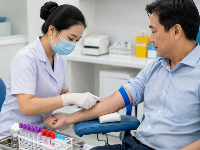 Nhân viên y tế lấy mẫu máu xét nghiệm cho bệnh nhân