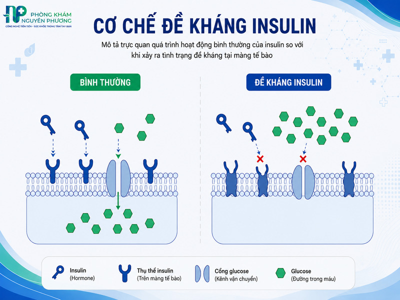 Cơ chế hoạt động của insulin và hiện tượng đề kháng gây tích tụ đường huyết.