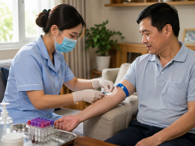 Kỹ thuật viên y tế thực hiện lấy mẫu máu tĩnh mạch nhẹ nhàng cho khách hàng.