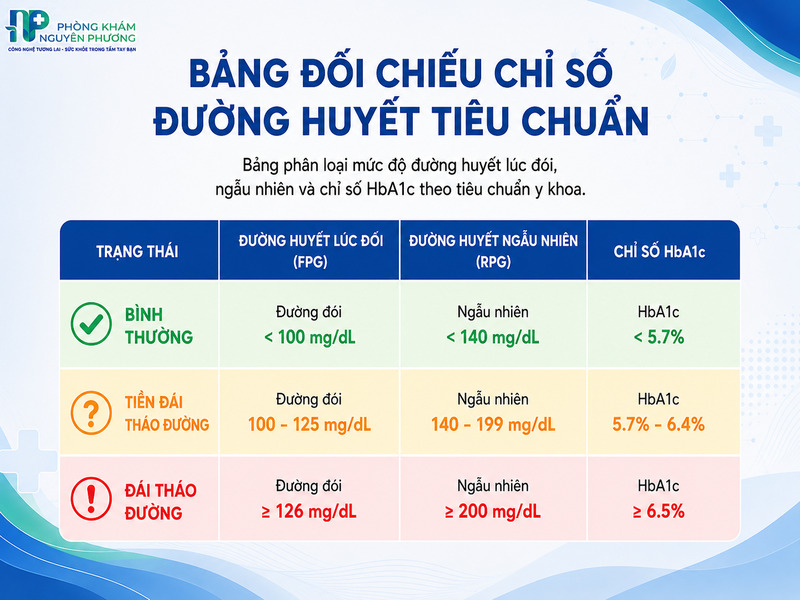 Các ngưỡng chỉ số glucose và HbA1c giúp phân loại trạng thái sức khỏe.