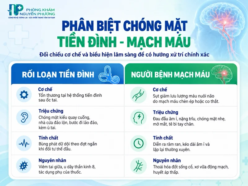 Bảng phân biệt chóng mặt do tiền đình và nguyên nhân mạch máu