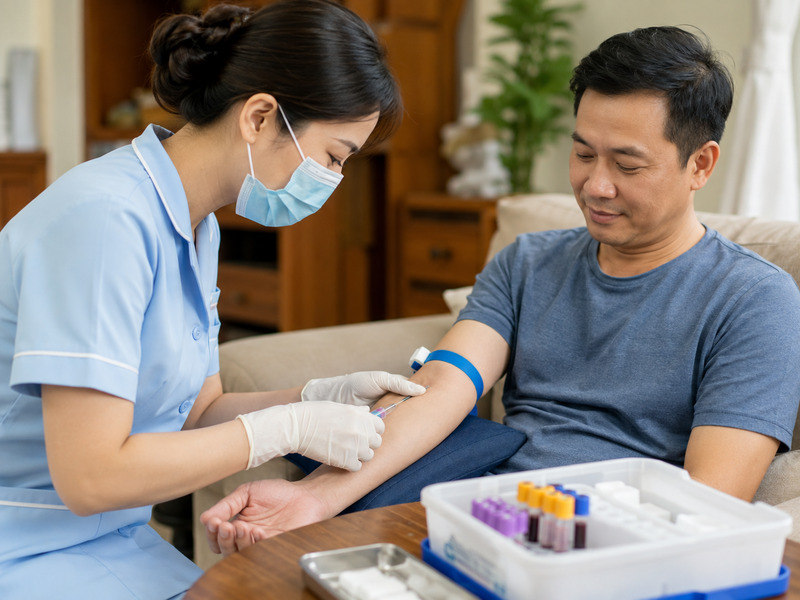 Nhân viên y tế thực hiện lấy mẫu máu xét nghiệm men gan an toàn tại nhà cho người bệnh.