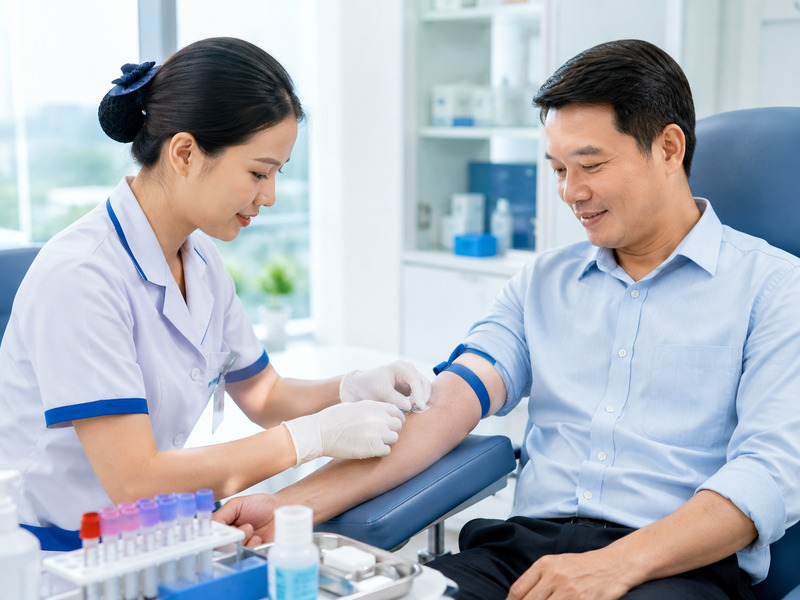 Nhân viên y tế thực hiện lấy mẫu máu xét nghiệm cho khách hàng