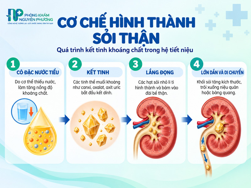 Sự kết tinh của các khoáng chất tạo thành sỏi trong hệ tiết niệu
