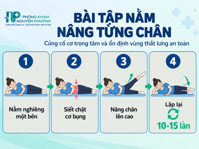 Hướng dẫn 4 bước thực hiện động tác nằm nâng từng chân