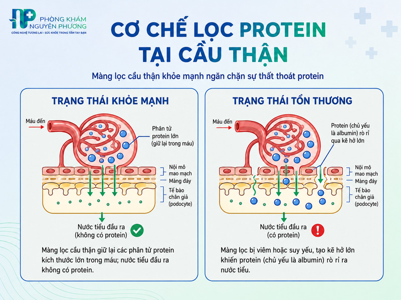 Hình ảnh mô phỏng quá trình giữ lại protein tại màng lọc cầu thận khỏe mạnh