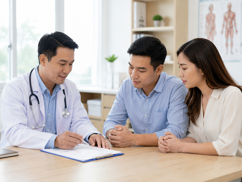 Bác sĩ đang tư vấn tầm soát viêm gan B định kỳ cho một gia đình trẻ