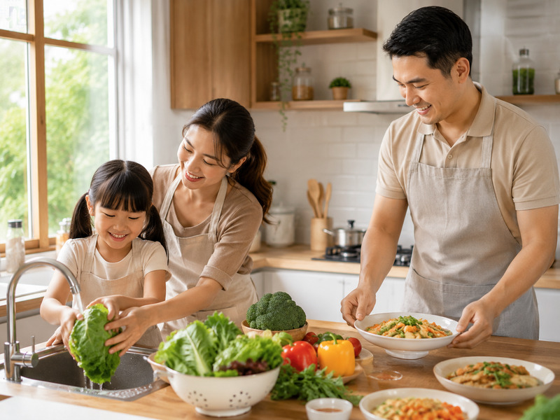Thành viên trong gia đình thực hiện các thói quen sinh hoạt an toàn để phòng tránh lây chéo.
