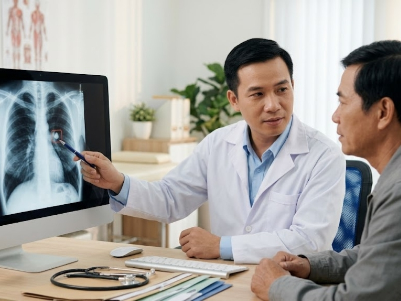 Bác sĩ tư vấn cho người bệnh về các yếu tố nguy cơ gây tổn thương biểu mô hô hấp.