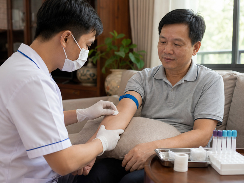 Nhân viên y tế lấy mẫu máu xét nghiệm cho khách hàng