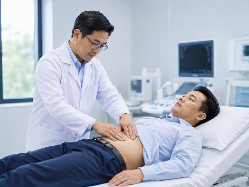 Bác sĩ đang thăm khám vùng bụng hạ sườn phải cho bệnh nhân.
