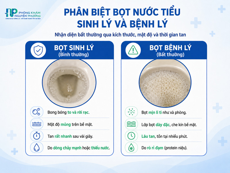 Bảng so sánh đặc điểm bọt nước tiểu sinh lý và bệnh lý