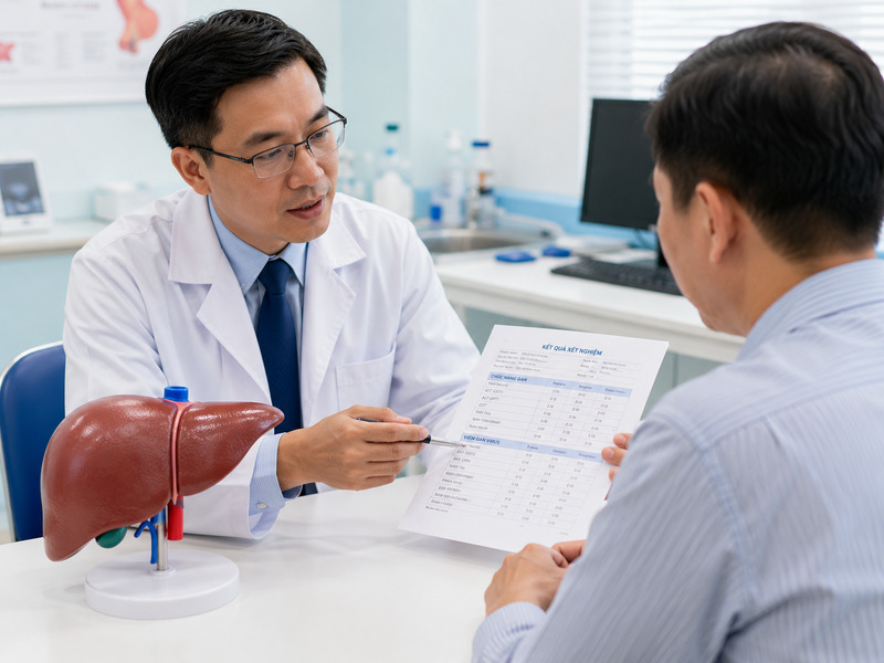 Bác sĩ đang tư vấn lộ trình tầm soát viêm gan B cho bệnh nhân.