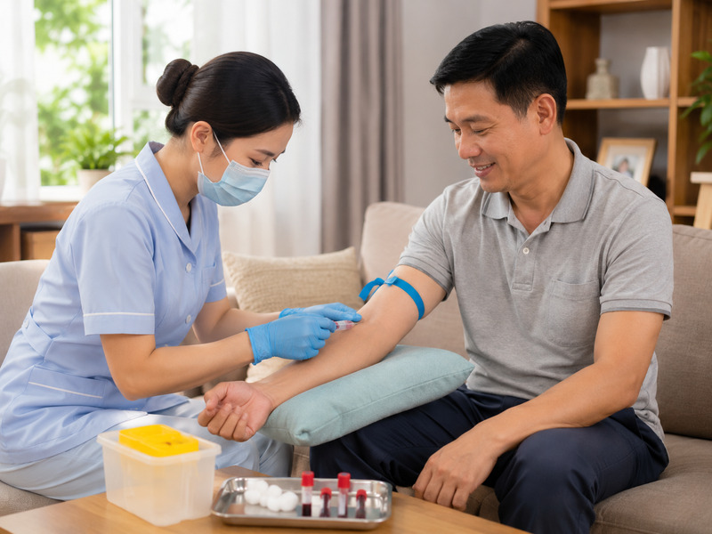 Nhân viên y tế của Nguyên Phương thực hiện lấy mẫu xét nghiệm gan an toàn tại nhà.