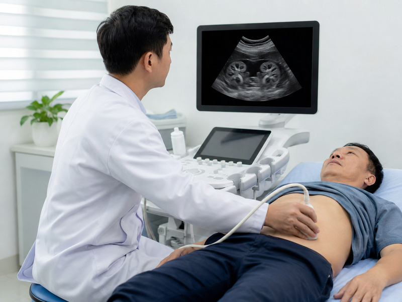 Bác sĩ siêu âm kiểm tra vị trí sỏi thận cho bệnh nhân