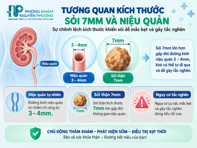 Tương quan kích thước giữa sỏi thận 7mm và đường kính niệu quản tự nhiên