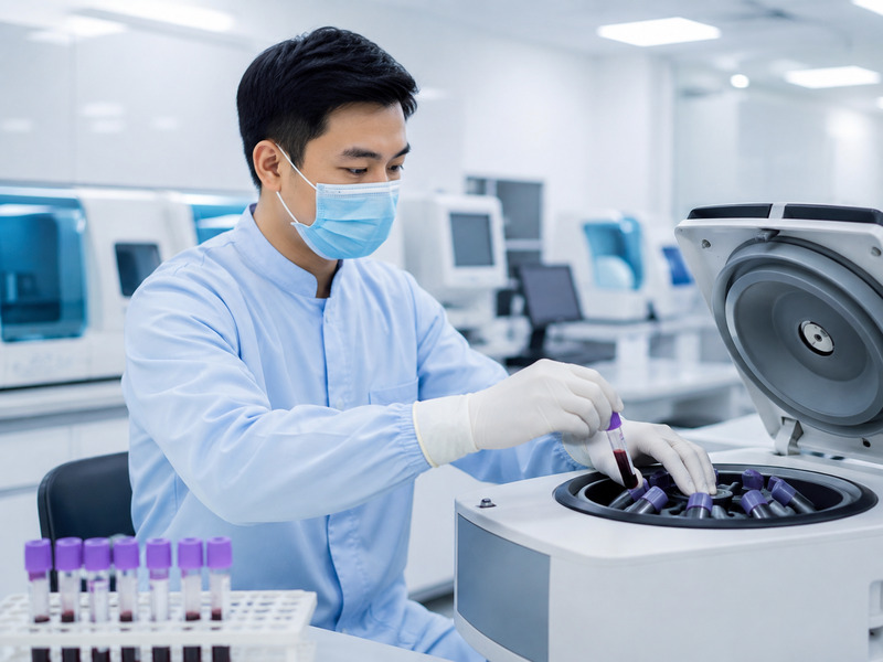 Kỹ thuật viên thực hiện ly tâm và tách chiết mẫu máu tĩnh mạch