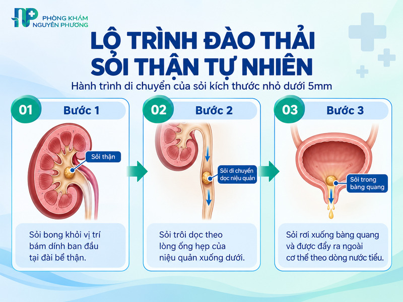 Ba giai đoạn di chuyển của sỏi thận dọc theo đường tiết niệu
