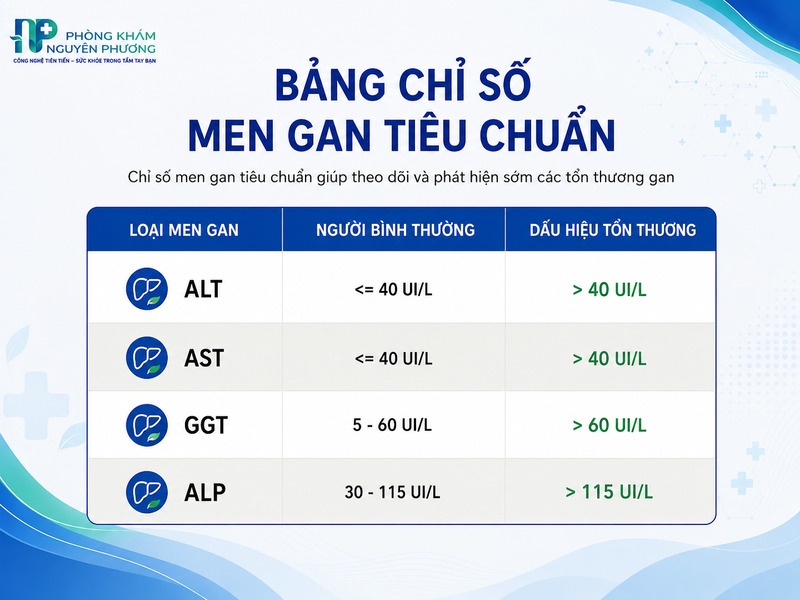 Bảng đối chiếu các chỉ số ALT, AST, GGT, ALP giữa người bình thường và người tổn thương gan.