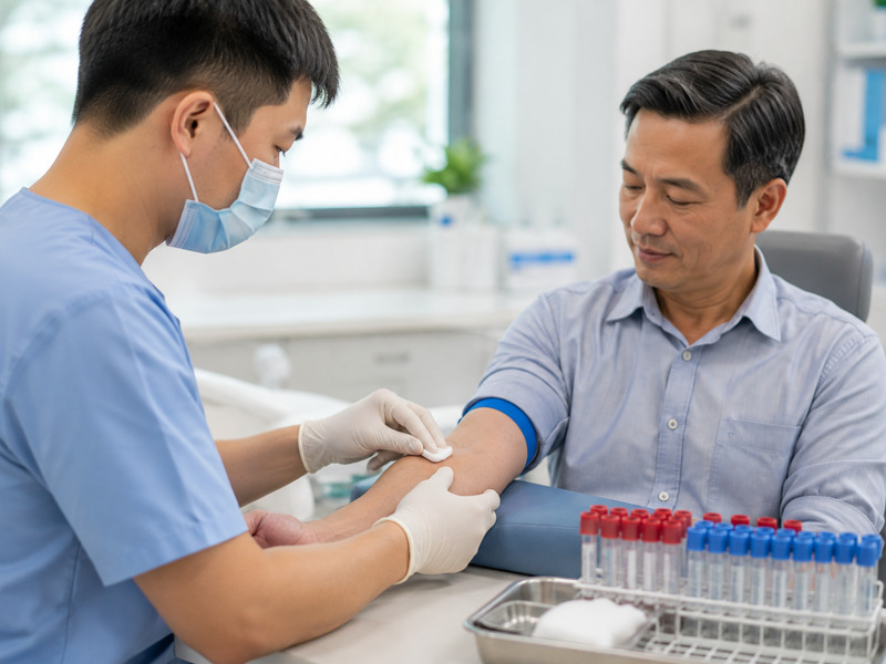 Kỹ thuật viên thực hiện lấy mẫu máu xét nghiệm cho người bệnh