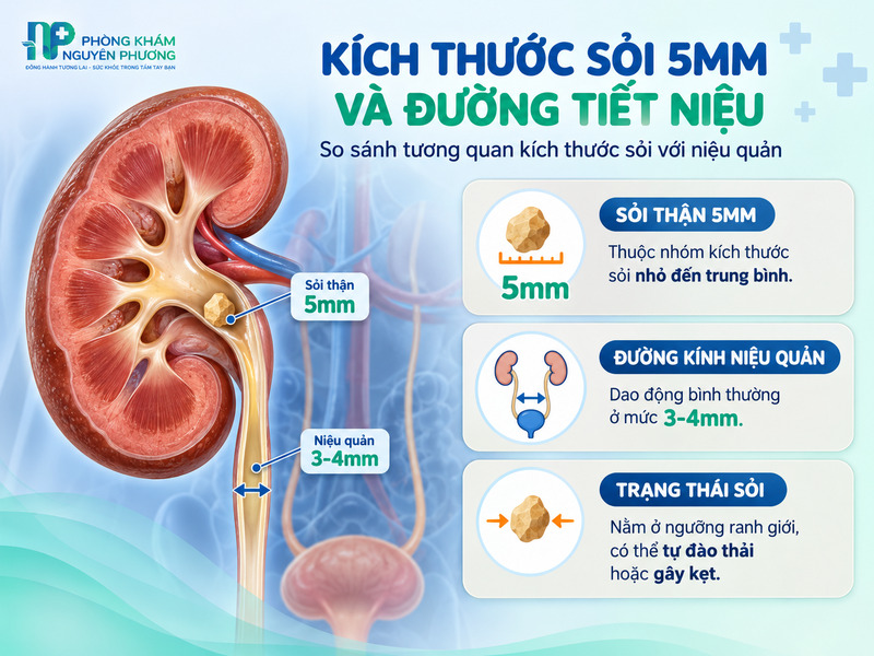So sánh tương quan kích thước sỏi thận 5mm với đường kính niệu quản tự nhiên