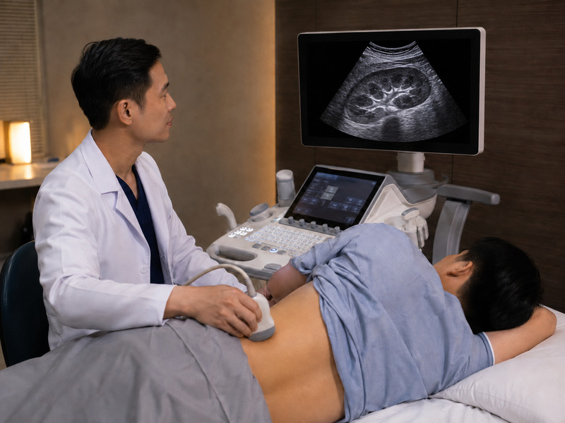 Bác sĩ thực hiện siêu âm kiểm tra hình thái thận