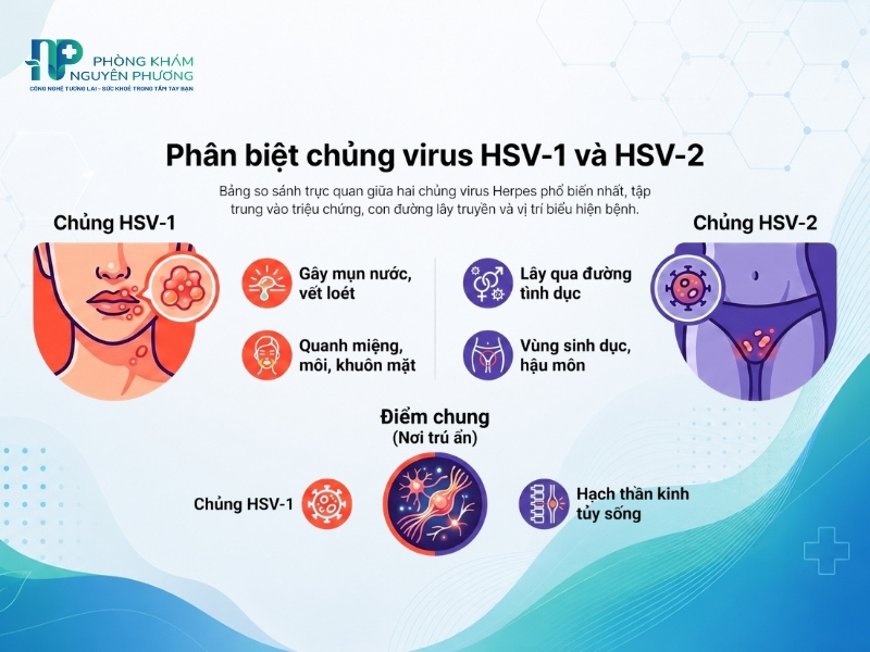 Phân biệt vị trí gây bệnh đặc trưng của chủng virus HSV-1 và HSV-2