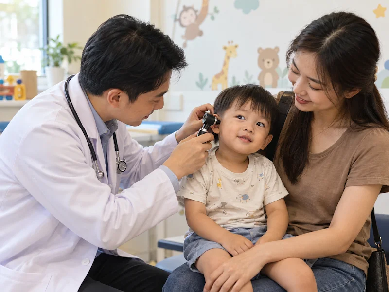 Bác sĩ nhi khoa kiểm tra cấu trúc tai và họng cho bé trai