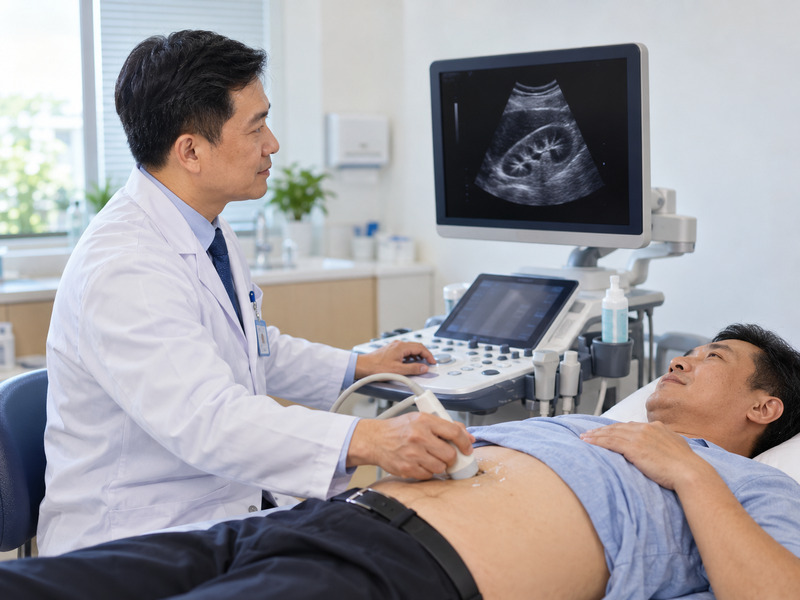 Bác sĩ thực hiện siêu âm kiểm tra sỏi thận cho bệnh nhân