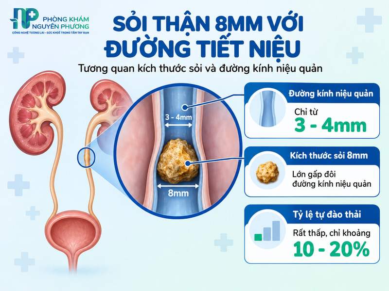 Tương quan kích thước sỏi 8mm với đường kính tự nhiên của niệu quảnTương quan kích thước sỏi 8mm với đường kính tự nhiên của niệu quản