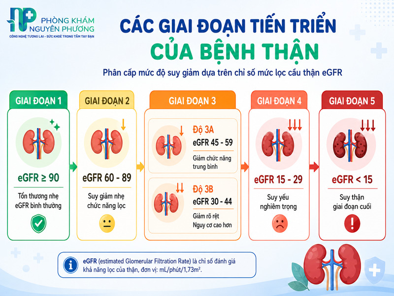 Các giai đoạn tiến triển của bệnh thận mạn tính theo eGFR