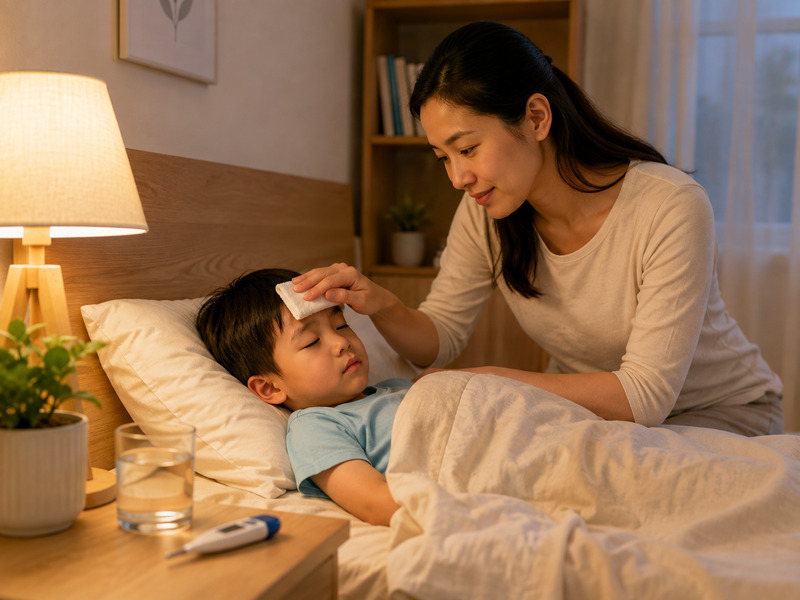 Mẹ đang chăm sóc và kiểm tra nhiệt độ cho con nhỏ