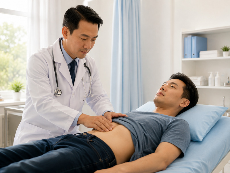 Bác sĩ thăm khám vùng bụng cho bệnh nhân nam tại phòng khám