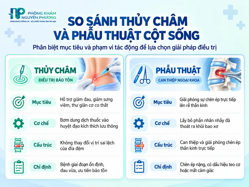Bảng so sánh phương pháp thủy châm và phẫu thuật cột sống