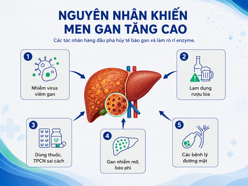 Sơ đồ tóm tắt các tác nhân hàng đầu phá hủy tế bào gan và làm rò rỉ enzyme.