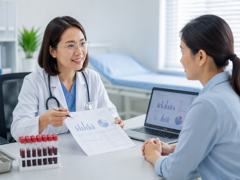 Bác sĩ phân tích các chỉ số tế bào máu để đánh giá nguy cơ sức khỏe