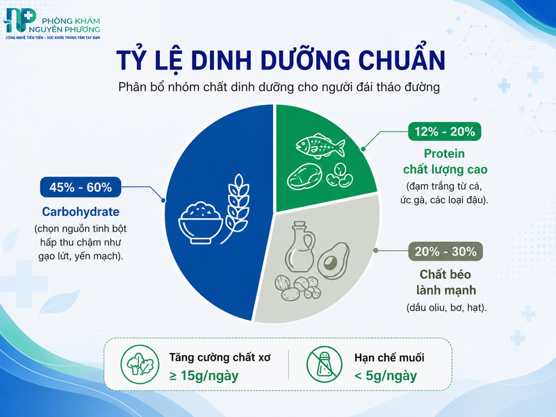 Biểu đồ tròn thể hiện phân bổ tỷ lệ các nhóm chất dinh dưỡng cho người tiểu đường.