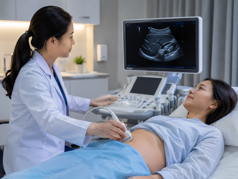 Bác sĩ thực hiện siêu âm ổ bụng để theo dõi cấu trúc gan cho bệnh nhân.