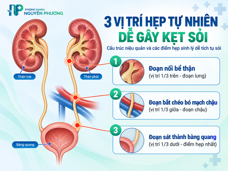 Ba vị trí hẹp tự nhiên của niệu quản dễ gây kẹt sỏi
