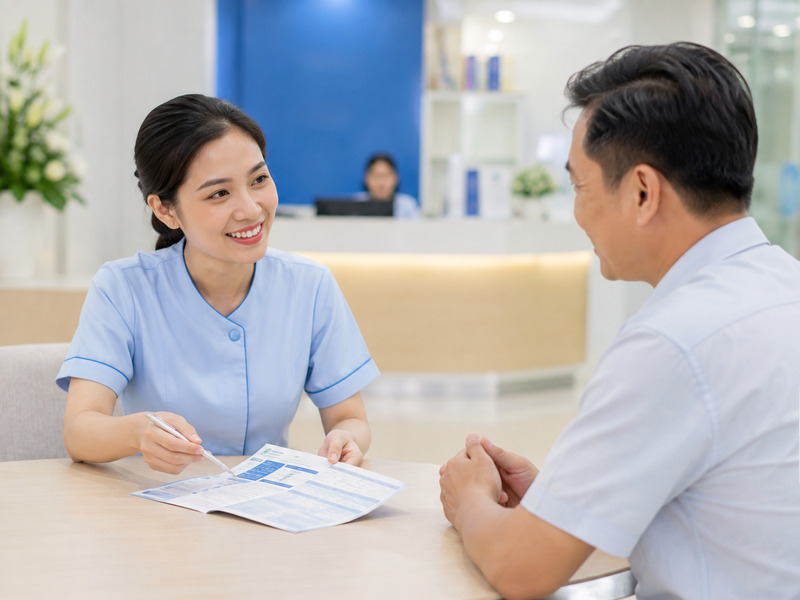 Nhân viên y tế tư vấn gói xét nghiệm gan cho khách hàng