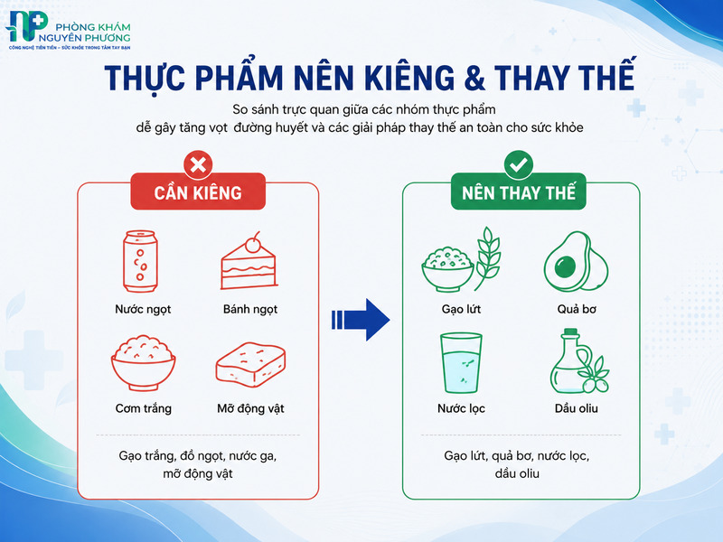 Bảng đối chiếu thực phẩm cần kiêng và giải pháp thay thế lành mạnh.
