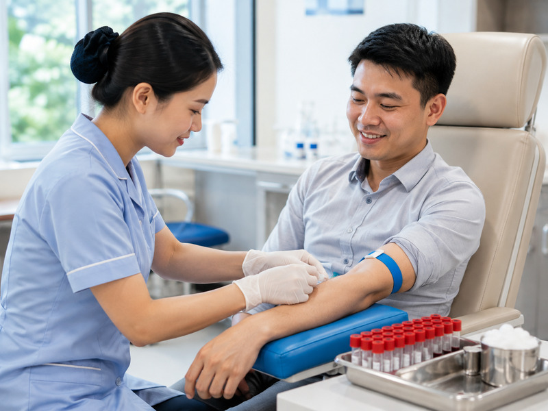 Nhân viên y tế lấy mẫu máu xét nghiệm cho khách hàng