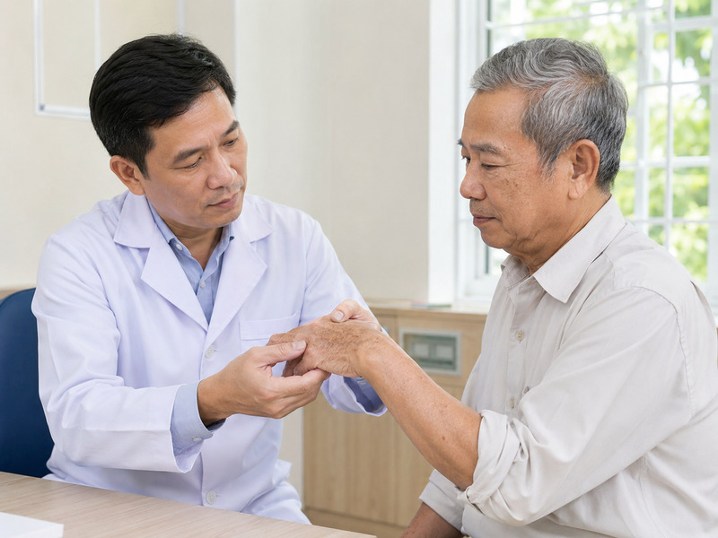Bác sĩ kiểm tra tình trạng sạm da trên bàn tay bệnh nhân