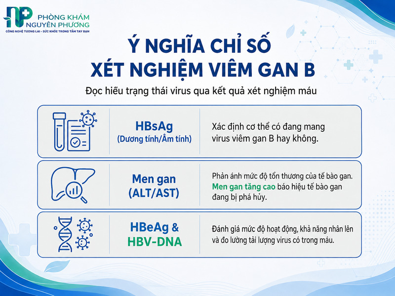 Bảng tra cứu nhanh ý nghĩa các chỉ số HBsAg, Men gan, HBeAg và HBV-DNA.