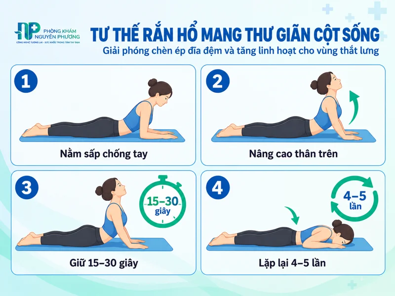 Hướng dẫn 4 bước thực hiện tư thế rắn hổ mang thư giãn cột sống