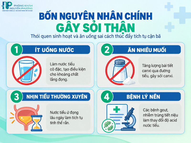 Các nguyên nhân phổ biến dẫn đến tình trạng tích tụ sỏi trong thận