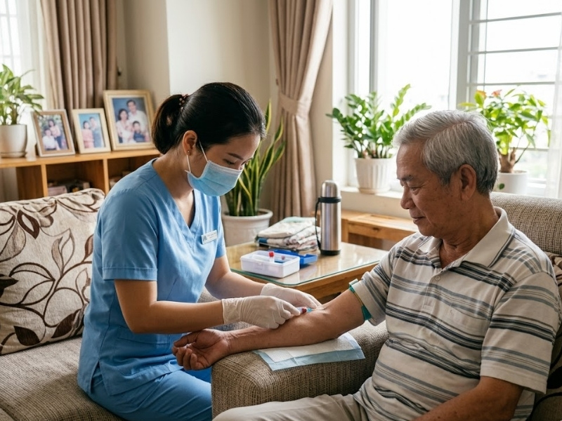 Điều dưỡng thực hiện lấy mẫu máu xét nghiệm chức năng gan tại nhà