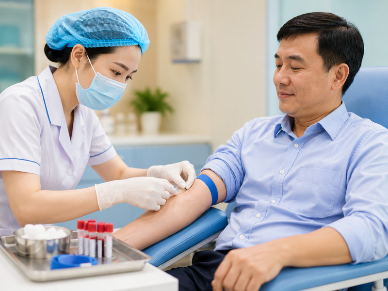 Kỹ thuật viên thực hiện lấy mẫu máu xét nghiệm nhẹ nhàng cho bệnh nhân